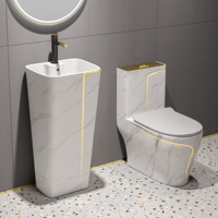 Ensemble WC monobloc en céramique blanc marbré avec ligne dorée, lavabo sur pied, pour salle de bain