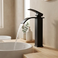 Grifo de Baño Moderno Cuadrado Tipo Cascada, Antiderrames, de Acero Inoxidable 304, Monomando, con Caño Ancho y Chorro Suave