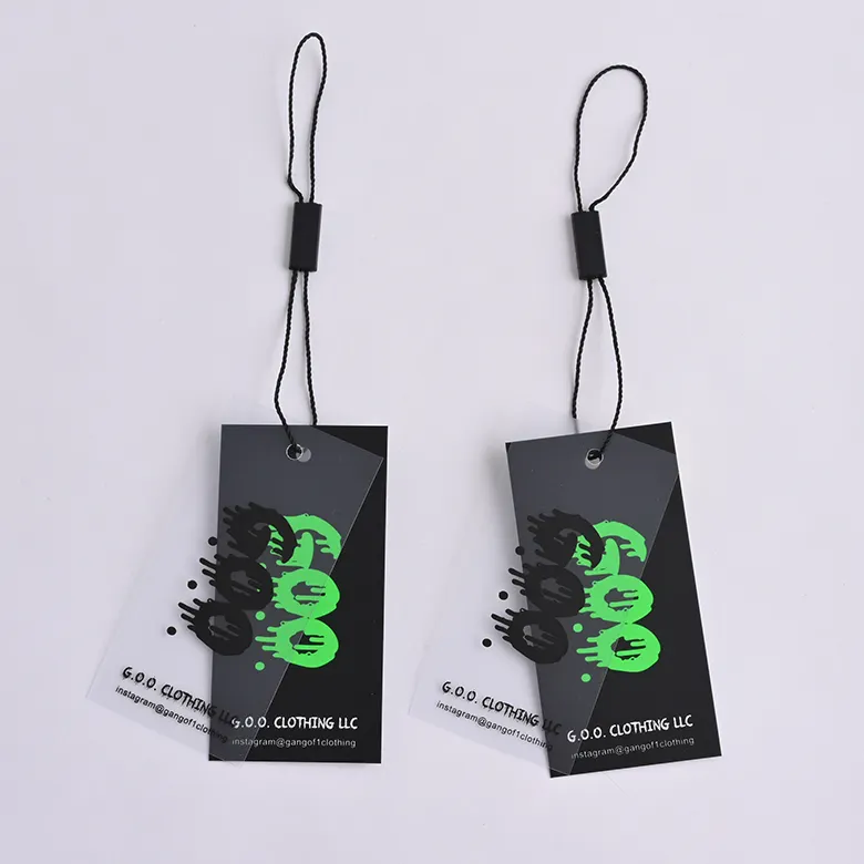 Impressão personalizada Nome Logotipo Garment Tag Etiqueta Roupas de luxo pendurar tag Papelão fosco Pvc Transparente Swing Tags com string