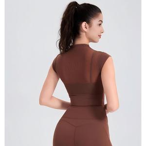 Women's Mesh <b>Mock</b> <b>Neck</b> 2 in 1 Yoga <b>Top</b> Built-in Bra Crop <b>Top</b> High Stretch Athletic T Shirt Slim Fit Sports Pilates Shirt OEM ODM - Product Image 2
