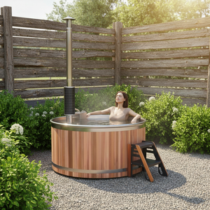 Vapasauna Tradizionale Rotonda a Legna con Rivestimento in Acciaio Inossidabile, Vasca Idromassaggio da Esterno Facile da Montare per il Benessere in Giardino - Product Image 1