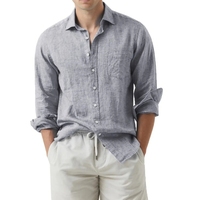 Chemises boutonnées à manches longues en coton et lin uni pour hommes avec impression numérique sur la poche avant pour la détente