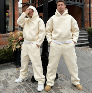 Custom logo 100% 450 Gsm Cotton Oversized Men's Baggy Plain Cropped Heavy Zip up Hoodie and Loose Fit Sweatpants Tracksuit <b>Set</b> - Product Image 1