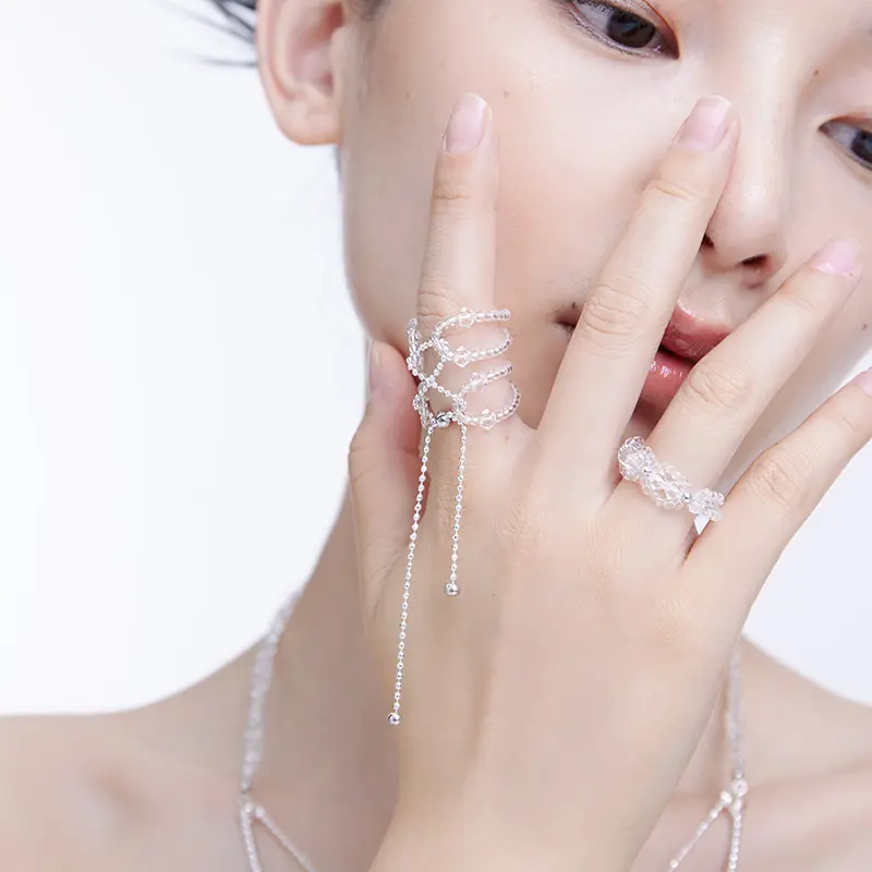 White Crystal Beading Chain Strap Lace 925 Sterling Silver Beaded Ring Set For Girls For Fashion
