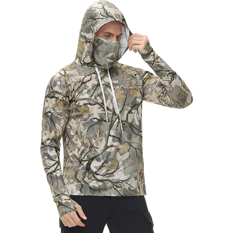 OEM kaus memancing bertudung UPF 50 kustom pakaian memancing pria cepat kering lengan panjang dengan Masker