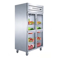 Réfrigérateur commercial vertical à six portes en acier inoxydable et verre, grande capacité, pour la conservation et la congélation
