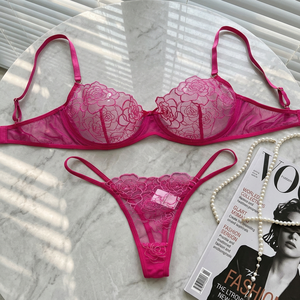 Conjunto de lencería de encaje rosa al por mayor para mujer, sujetador con aros y bragas tipo tanga, conjunto de 2 piezas, conjunto de sujetador transpirable y transparente, OEM ODM - Product Image 3