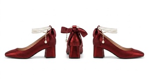 <span class=keywords><strong>Scarpe</strong></span> da Donna Eleganti <span class=keywords><strong>Bordeaux</strong></span> con Cinturino di Perle e Fiocco, <span class=keywords><strong>Tacco</strong></span> a Blocco, Stile Retrò Francese per Sposa, Matrimonio, Serate e Feste, Vendita all'Ingrosso - Product Image 3