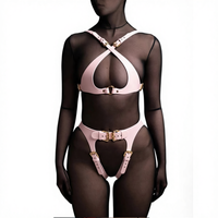 Set Lingerie Seksi Kulit PU dengan Garter Belt, Dapat Disesuaikan, 2-Piece, Desain Fashion untuk Wanita Dewasa, Ketat