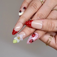 Faux ongles à presser en acrylique Playful Garden, motifs : Nude-rouge à pois, French 3D, Coccinelle, Plaid rose, Fleur blanche, Base verte, Or