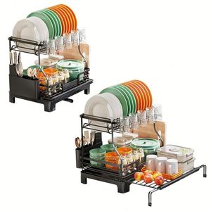 Égouttoir de cuisine extensible à 2 niveaux en acier pour comptoir, pour assiettes, tasses et vaisselle, avec rangement et drainage - Product Image 4