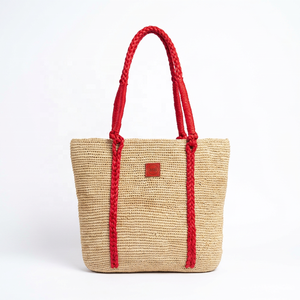 Casual <b>Tote</b> <b>raffia</b> Handbag With Red Rope Handles Bohemian Style Open Top Women Beach Bag Durable 3L Capacity - Product Image 1