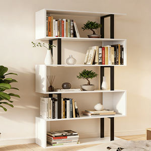 Étagère contemporaine en bois blanc avec structure en métal noir, design asymétrique ouvert, étagères multifonctions, rangement gain de place - Product Image 3