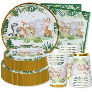 Décorations de fête sur le thème des animaux de la jungle Vaisselle de fête jetable Safari Assiettes en papier Baby Shower Fournitures de fête d'anniversaire pour enfants