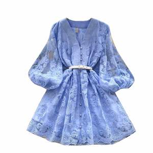 Vestido Midi Casual de Primavera para Mujer, Cuello en V, Corte en A, Manga Linterna, Estampado Digital, Bordado, Tejido Sólido - Product Image 5