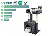 Usine de Chine Livraison gratuite Cadre d'escalade pour chat Arbre à gratter Arbre à chat en peluche gris foncé Maison de la tour avec boule suspendue