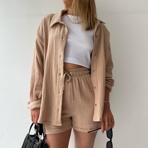 Ingrosso nuova primavera autunno camicia a maniche lunghe da <span class=keywords><strong>donna</strong></span> ampia tinta unita a vita alta <span class=keywords><strong>pantaloncini</strong></span> con coulisse Casual abito a due pezzi - Product Image 4