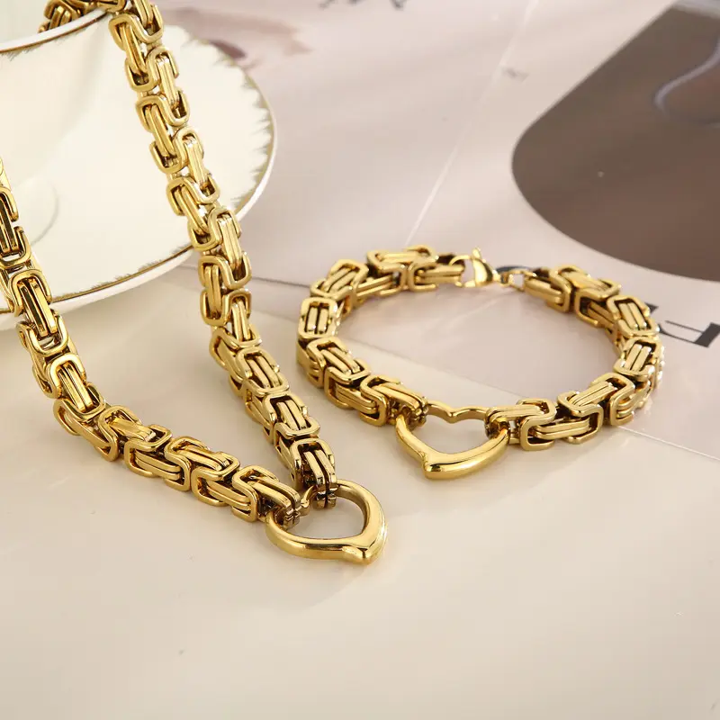 Hot Selling Personality Men Jewelry Set Stainless Steel Gold Byzantine Chain Necklace Bracelet Set for Men and Women