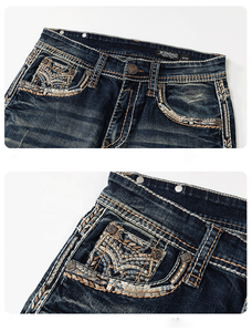 Jean en <span class=keywords><strong>denim</strong></span> déchiré pour homme, coupe droite, broderie à points épais, taille mi-haute, en coton, style décontracté, pour l'automne - Product Image 5