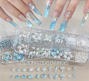 Adornos para Uñas con Forma <span class=keywords><strong>de</strong></span> Conchas Marinas, 12 Compartimentos/Juego, Tema Oceánico, Estrella <span class=keywords><strong>de</strong></span> Mar, Concha, Perla, Azul Plateado, Holográfico, Accesorios para Decoración <span class=keywords><strong>de</strong></span> Uñas, Diamantes <span class=keywords><strong>de</strong></span> Imitación - Product Image 1