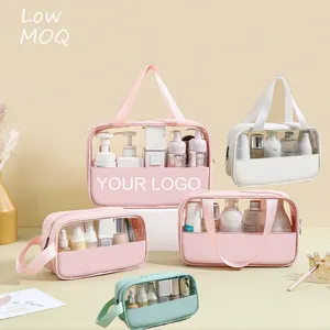 Bolsa de maquillaje transparente con logotipo personalizado para mujer, neceser de PVC transparente para belleza y cuidado de la piel