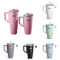 Lot de 2 gobelets isothermes en acier inoxydable de 38 oz avec poignée, réutilisables, avec paille et couvercle anti-fuite