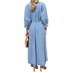 Abito lungo in Denim con scollo a V Casual a tinta unita con bottoni per donna alla moda - Product Image 2
