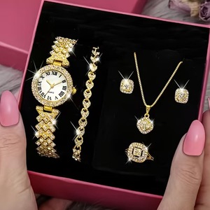 Fashion Luxury Full Crystal 5 Pcs <b>Watch</b> Necklace Earrings <b>Ring</b> Set for Women Rhinestone Wristwatch Female Bracelet Set Gift - Product Image 1