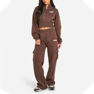 Tuta personalizzata con orlo profondo <span class=keywords><strong>felpa</strong></span> <span class=keywords><strong>e</strong></span> cintura di ricambio pantaloni della tuta a gamba tesa pantaloni <span class=keywords><strong>Cargo</strong></span> 2 pezzi tuta da donna - Product Image 1