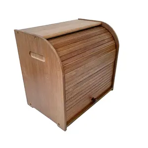 Farmhouse Style Kitchen Bamboo Bread Bin Wood Bread Box For Kitchen With Roller Shutter Door