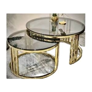 Juego de 2 <span class=keywords><strong>Mesas</strong></span> de Centro Modernas Convertibles de Metal Negro y Dorado con Vidrio, Fácil de Ensamblar, Muebles para Sala de Estar - Product Image 4