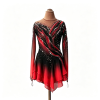 Costume de patinage artistique pour enfants et adultes, robe en maille à manches longues dégradé noir et rouge avec strass pour spectacle sur glace