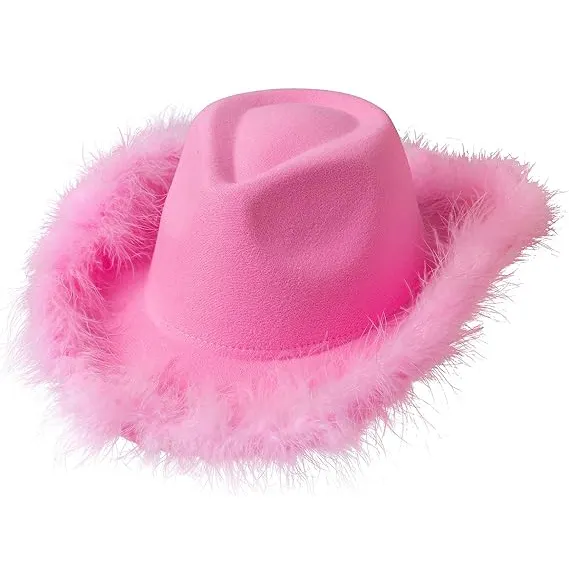 Topi koboi merah muda dengan bulu, topi koboi merah muda dengan Bandana wanita untuk kostum pesta lajang Natal Halloween