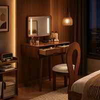 Coiffeuse moderne du milieu du siècle en noyer avec miroir rectangulaire éclairé par LED, 2 tiroirs et chaise – Ensemble table de maquillage