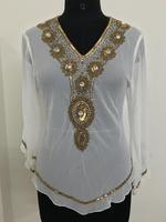 Nouvelle Blouse Décontractée Femme Col V en Georgette Brodé Main Style Vintage de Dubaï, Perles et Écologique, Tendance Été 2024