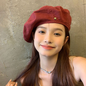 Retro Denim <b>Beret</b> Burgundy Spring Vintage Style Breathable Women's Hat - Product Image 1