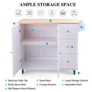 바퀴가 달린 Combohome Kitchen Island 카트 드롭 리프와 휴대용 나무 큰 저장 트롤리, 서랍이있는 대용량 나무 랙 - Product Image 2