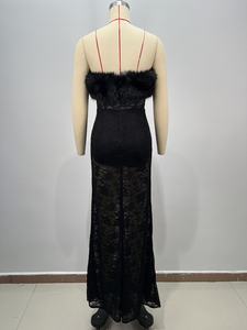 A11391 Gaun Malam Hitam Mewah dengan Hiasan Bulu, Tanpa Tali, Bordir, Renda, Tanpa Punggung, Panjang Maxi untuk Pesta <span class=keywords><strong>Prom</strong></span> Koktail. - Product Image 3