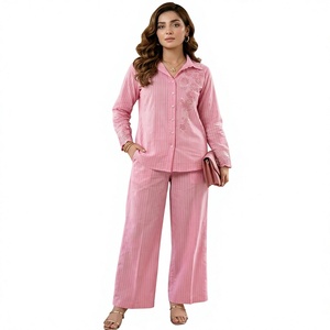 Pink Satin Washed Pinstripe Plus Size Women Shirt Set Embroidered Long Sleeve Blouse and Wide Leg <b>Pants</b> for Spring Casual Wear - Product Image 1