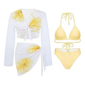 Conjunto de Biquíni Sexy Floral Grande com 4 Peças e Top de Rede, Sarong, Moda Praia Feminina com Proteção Solar e Manga Longa - Product Image 3