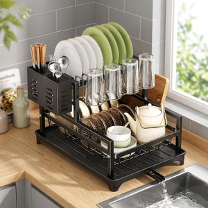 Égouttoir à vaisselle à double niveau avec porte-couverts et bac de drainage pour rangement de cuisine, design moderne en plastique, type sur pied - Product Image 4