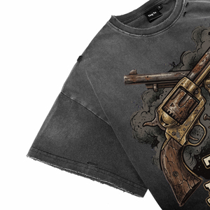 Camisetas Vintage para Hombre con Lavado Ácido y Efecto Desgastado, Transpirables, Estampado Retro de Doble Revólver Estilo Western, de Manga Corta Oversize para Venta al por Mayor - Product Image 4