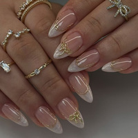 Lot de 24 faux ongles élégants en acrylique avec motif ligne dorée pour femmes, courts, à presser, forme amande, French manucure, brillants, couvrance totale