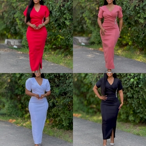Nouvelle arrivée robes décontractées élégantes pour femmes <span class=keywords><strong>col</strong></span> en <span class=keywords><strong>V</strong></span> <span class=keywords><strong>manches</strong></span> <span class=keywords><strong>courtes</strong></span> perlées longue <span class=keywords><strong>robe</strong></span> de soirée robes pour femmes <span class=keywords><strong>v</strong></span>êtements - Product Image 3