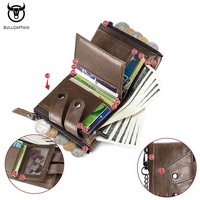 Dompet Kulit Pendek Pria Merk BULLCAPTAIN RFID Lipat Tiga Lapisan Atas Kulit Sapi Dompet Fashion dengan Rantai Anti Maling dan Kantong Kartu
