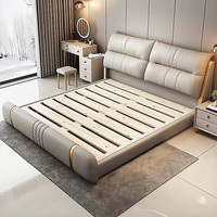Meubles de chambre à coucher de luxe modernes, lits rembourrés en bois, cadre de lit double extra large, ensemble en cuir, design avec rangement flottant