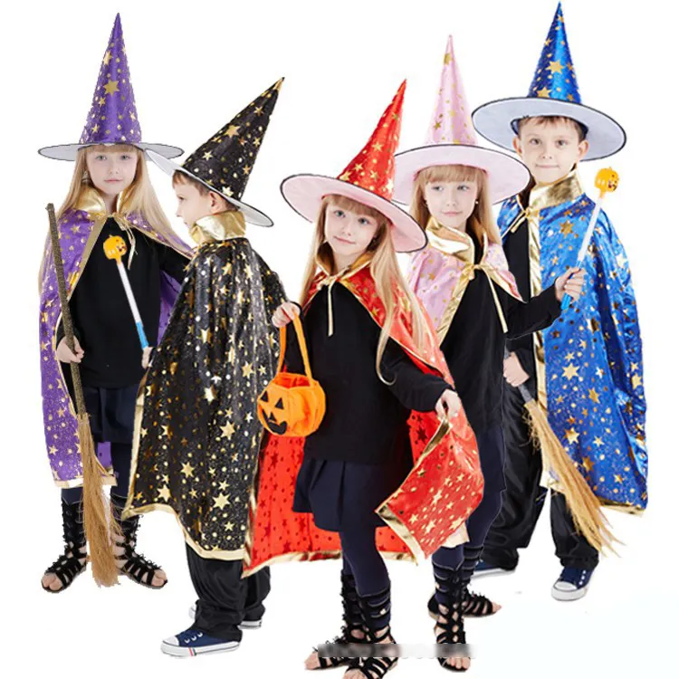 Bán buôn Halloween Trang Phục Cosplay Kids Party Costume áo choàng Fancy Phù Thủy CAPE với hat