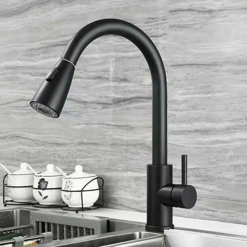 China Manufacturer Dual Mode Outlet Water SUS 304 Single Handle Pull Down Black Hot And Cold Water Sink Kitchen Tap