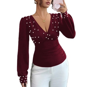 Blus Warna Solid Berhias Mutiara untuk Wanita, Atasan Lengan Panjang Kasual Musim Gugur Musim Dingin - Product Image 1