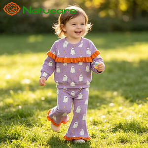 Set di Abbigliamento Casual Autunnale per Bambine con Felpa con Stampa Fantasma di <span class=keywords><strong>Halloween</strong></span> e Pantaloni a Zampa in Viola - Product Image 2